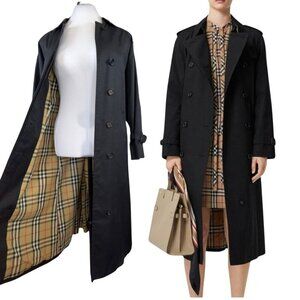 Burberrys London Vintage Classic Black Nova Check Trench Coat Size 12